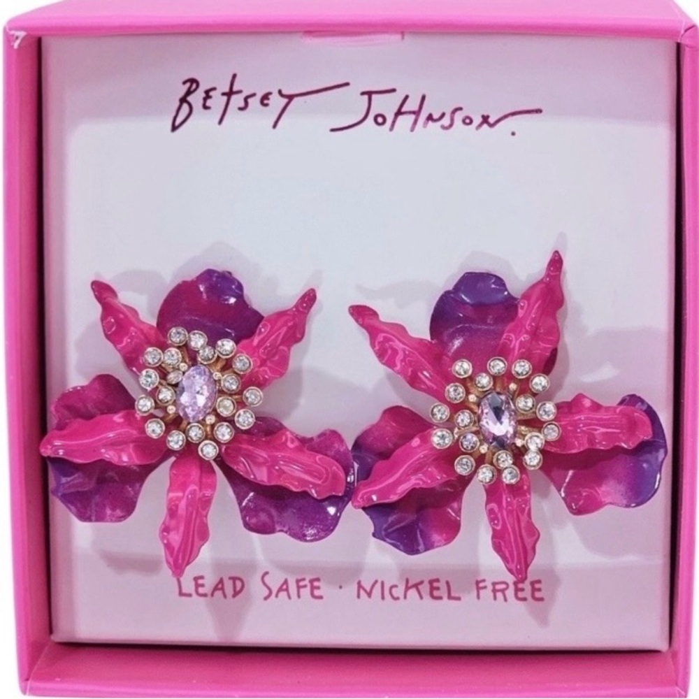 BETSEY JOHNSON SET Pink & Purple Ombré Orchid Earrings Necklace & Ring NEW NWT - Picture 4 of 16